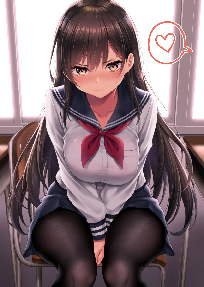 1girl absurdres angry bangs between_legs black_hair black_legwear blue_skirt blush breast_suppress breasts brown_eyes chair closed_mouth collarbone desk embarrassed eyebrows_visible_through_hair hand_between_legs heart highres huge_filesize indoors kase_daiki large_breasts long_hair original pantyhose pleated_skirt red_ribbon ribbon sailor_collar school_uniform scowl shirt sitting skirt solo spoken_heart white_shirt window