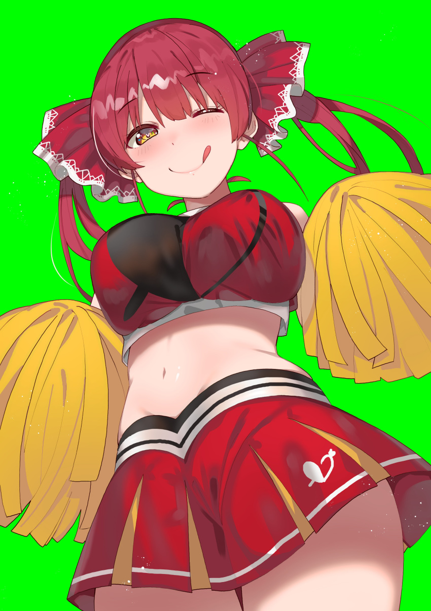 1girl ;q absurdres alternate_costume bare_shoulders breasts cheerleader cowboy_shot crop_top green_background highres holding_pom_poms hololive houshou_marine large_breasts long_hair looking_at_viewer midriff miniskirt navel one_eye_closed pleated_skirt red_shirt red_skirt redhead shirt simple_background skirt sleeveless sleeveless_shirt smile solo stomach tonari_no_kai_keruberosu tongue tongue_out twintails virtual_youtuber yellow_eyes