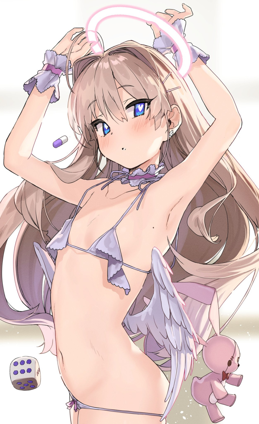 1girl angel_wings armpits blush brown_hair copyright_request cuffs flat_chest hair_ornament hairclip halo heart heart-shaped_pupils highres kanzarin_(hoochikiss) long_hair looking_at_viewer pill simple_background solo symbol-shaped_pupils wings