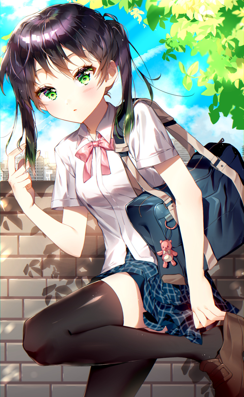 1girl adjusting_clothes adjusting_shoe anata-chan_(love_live!) bag bag_charm bangs bear_charm black_hair black_legwear blue_sky brick_wall brown_footwear charm_(object) city colored_tips cowboy_shot day green_eyes green_hair hair_tousle healthfairy highres light_blush looking_at_viewer love_live! multicolored_hair outdoors perfect_dream_project pink_ribbon plaid plaid_skirt pleated_skirt red_ribbon ribbon school_uniform shirt shoes short_sleeves shoulder_bag skirt sky solo thigh-highs twintails two-tone_hair untucked_shirt wall zettai_ryouiki