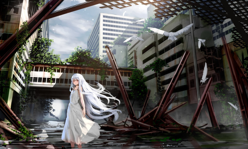 1girl arms_at_sides bangs building clouds cloudy_sky day dress haru_(ryosios) highres long_hair looking_at_viewer original outdoors overgrown post-apocalypse red_eyes ruins ryosios sky skybridge skyway solo standing steel_beam sunlight very_long_hair wading white_bird white_dress wide_shot wind