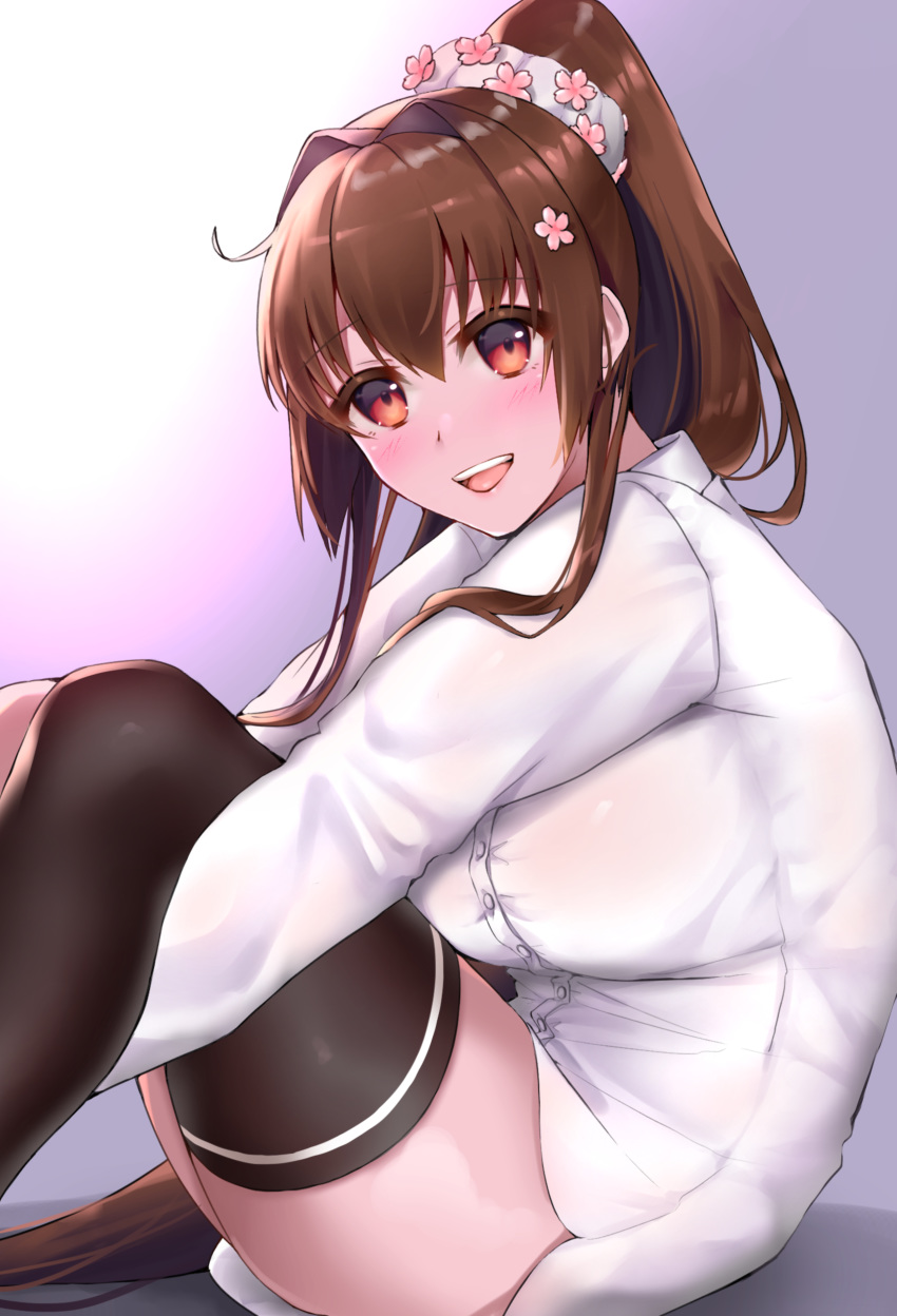 1girl absurdres alternate_costume ayuko91 blush breasts brown_eyes brown_hair cherry_blossoms flower gradient gradient_background hair_flower hair_ornament headgear highres kantai_collection large_breasts long_hair long_sleeves looking_at_viewer open_mouth ponytail shirt single_thighhigh smile solo thigh-highs very_long_hair white_shirt yamato_(kantai_collection)