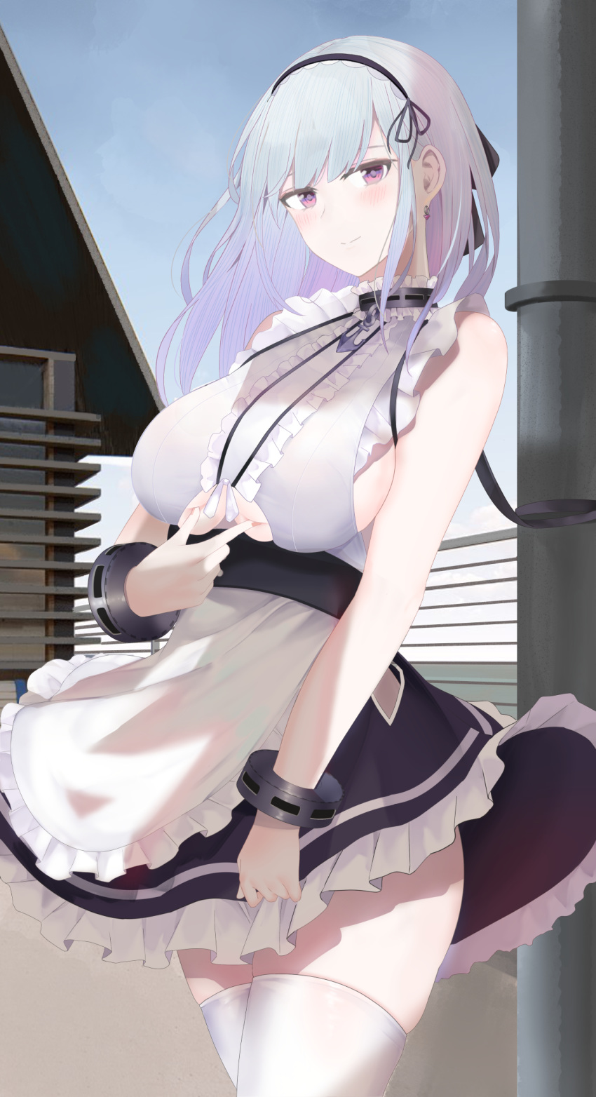1girl anchor_choker anchor_necklace apron azur_lane bangs black_hairband blue_sky blush breasts center_frills choker commentary_request dido_(azur_lane) earrings frilled_apron frilled_choker frills hairband hands_on_own_breasts heart heart_earrings highres jewelry lace-trimmed_hairband large_breasts long_hair looking_at_viewer maid maid_apron maid_dress outdoors pale_skin ru_zhai shirt sideboob silver_hair sky sleeveless sleeveless_shirt smile thigh-highs thighs under_boob underboob_cutout violet_eyes waist_apron white_apron wrist_cuffs
