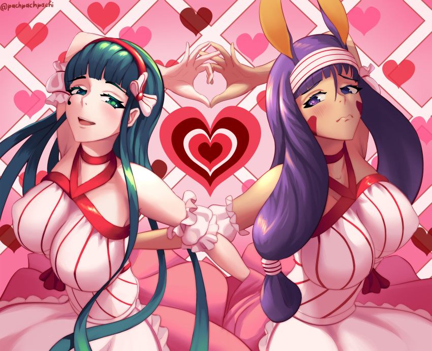 2girls alternate_costume animal_ears bangs blunt_bangs blush bow cleopatra_(fate/grand_order) closed_mouth collarbone dress embarrassed english_commentary eyeshadow facepaint fake_animal_ears fate/grand_order fate_(series) green_hair hair_between_eyes hair_bow hairband halterneck heart heart_hands heart_hands_duo highres long_hair makeup multiple_girls nitocris_(fate/grand_order) open_mouth pachpachpach pink_bow pink_dress purple_hair rabbit_ears sidelocks smile straight_hair twitter_username valentine very_long_hair wavy_mouth