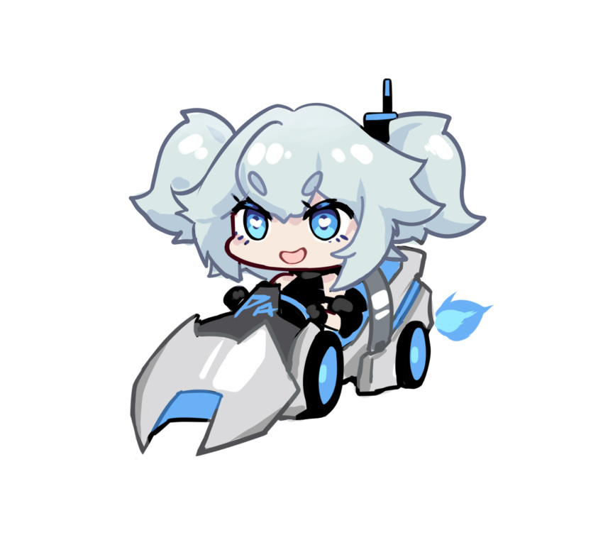 1girl blue_eyes chibi eyebrows_visible_through_hair girls_frontline go_kart hair_ornament heart heart-shaped_pupils highres open_mouth pa-15_(girls_frontline) shanyao_jiang_tororo silver_hair smile solo symbol-shaped_pupils thick_eyebrows twintails