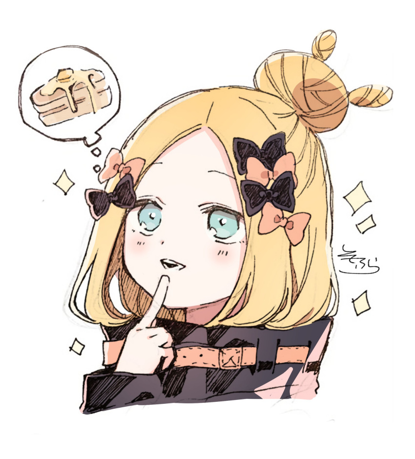 1girl abigail_williams_(fate/grand_order) bangs black_bow black_jacket blonde_hair blue_eyes bow cropped_torso fate/grand_order fate_(series) finger_to_mouth food forehead hair_bow hair_bun hand_up heroic_spirit_traveling_outfit highres index_finger_raised jacket long_hair long_sleeves looking_away orange_bow pancake parted_bangs parted_lips signature simple_background sleeves_past_wrists smile sofra solo sparkle spoken_food thought_bubble upper_teeth white_background
