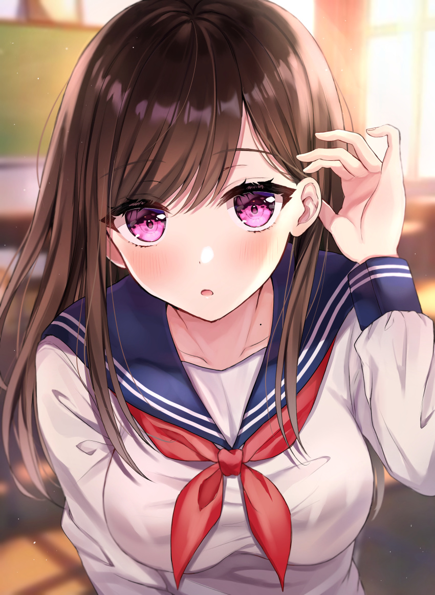 1girl absurdres blurry blurry_background blush breasts brown_hair classroom collarbone commentary_request eyebrows_visible_through_hair hair_behind_ear highres huge_filesize indoors large_breasts long_sleeves looking_at_viewer open_mouth original parum39 school_uniform serafuku shirt solo white_shirt