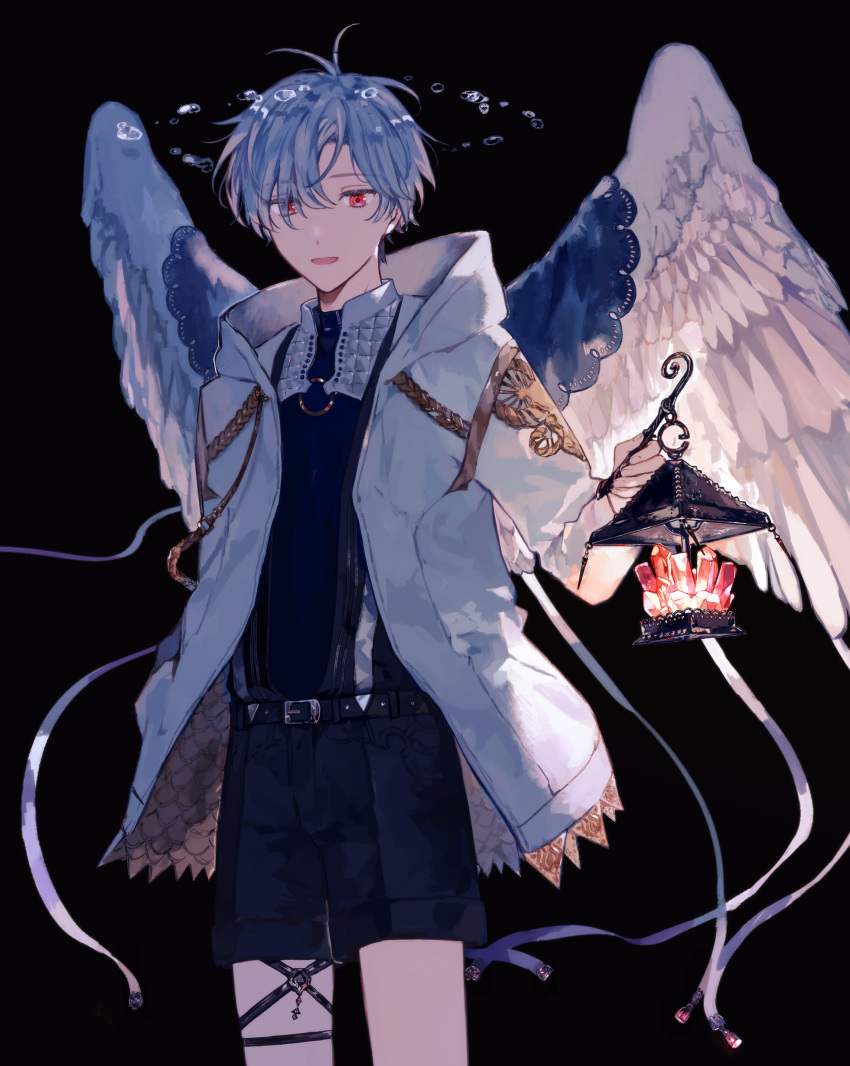 1boy absurdres angel_wings black_background black_shorts blue_hair hand_in_pocket harness highres holding_lantern jacket lantern male_focus nnmy_itp0 open_mouth original red_eyes shorts solo water white_jacket wings