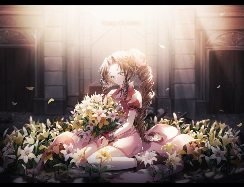 1girl aerith_gainsborough bouquet brown_hair cat_princess dress final_fantasy final_fantasy_vii flower full_body green_eyes lily_(flower) long_hair looking_at_viewer petals pink_dress ponytail sitting smile solo very_long_hair wariza