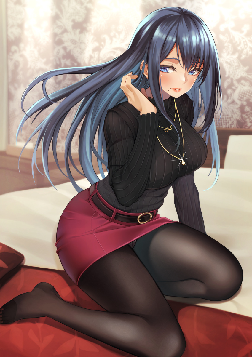 1girl absurdres arm_at_side arm_support bangs bed bed_sheet bedroom belt belt_buckle black_belt black_hair black_legwear black_sweater blue_eyes blush breasts buckle crotch_seam curtains eyelashes fanbox_reward feet hand_to_head hand_up highres indoors jewelry large_breasts legs long_hair long_sleeves looking_at_viewer miniskirt mole mole_under_mouth multicolored_hair nail_polish necklace no_shoes on_bed original paid_reward panties panties_under_pantyhose pantyhose pantyshot parted_lips pencil_skirt pillow pink_nails red_lips red_skirt ribbed_sweater sidelocks sitting sitting_on_bed skirt solo sweater takocha teeth tissue tissue_box toenail_polish toenails toes turtleneck turtleneck_sweater underwear upskirt white_panties window yokozuwari