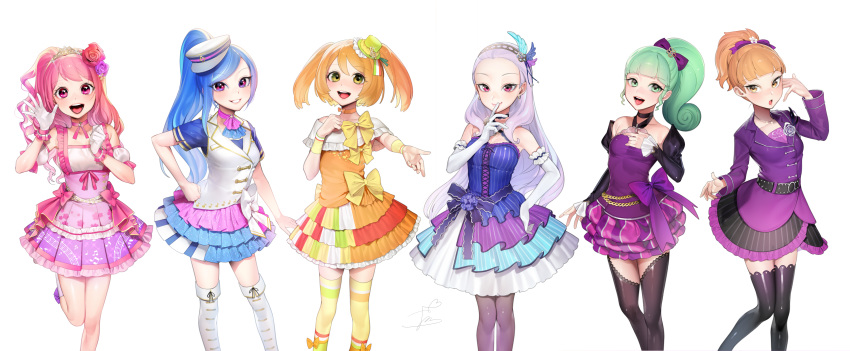 3girls 6+girls :d :o absurdres bare_shoulders belt black_choker black_legwear blue_dress bow breasts choker detached_sleeves dress elbow_gloves fingernails flower gloves green_eyes green_hair grey_legwear hair_bow hair_flower hair_ornament hairband hand_on_own_chest hand_up highres idol jacket jewelry kang_hera lavender_hair lilly_(shining_star) long_hair long_sleeves multiple_girls necklace ohisashiburi open_mouth orange_eyes orange_hair ponytail purple_dress purple_jacket red_eyes rose_(shining_star) shining_star short_dress short_hair simple_background small_breasts smile thigh-highs very_long_hair white_background white_gloves