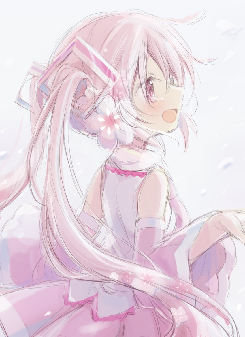 1girl absurdres bare_shoulders cherry_blossoms commentary detached_sleeves flower from_behind hair_flower hair_ornament hatsune_miku highres hitode light_blush long_hair open_mouth pink_eyes pink_hair pink_skirt pink_sleeves sakura_miku shirt skirt sleeveless sleeveless_shirt smile snowing solo symbol_commentary twintails upper_body very_long_hair vocaloid white_shirt