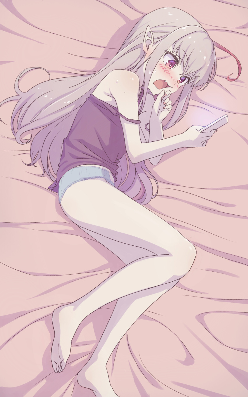 1girl ahoge bare_legs bare_shoulders barefoot bed_sheet black_camisole blue_panties blush camisole cellphone commentary_request embarrassed eyebrows_visible_through_hair full_body grey_hair hair_down highres holding holding_phone long_hair lying makaino_ririmu multicolored_hair nijisanji nose_blush off_shoulder on_bed on_side panties phone pointy_ears red_eyes redhead sabamen smartphone solo streaked_hair sweatdrop underwear virtual_youtuber