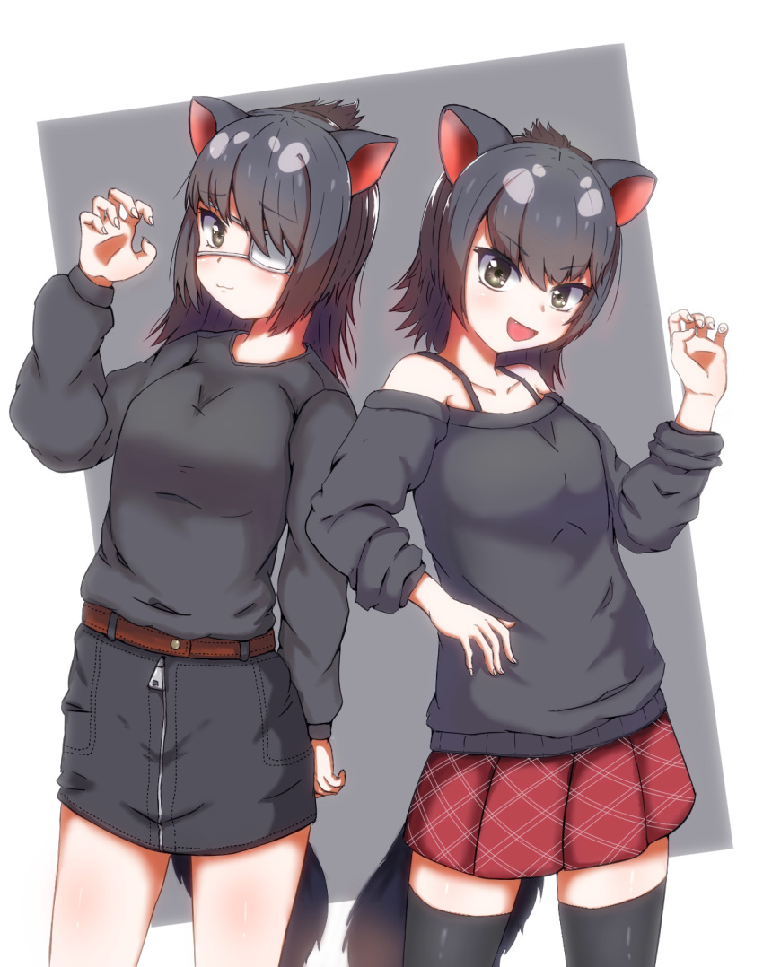 animal_ears australian_devil_(kemono_friends) black_hair commentary_request eyepatch highres kemono_friends long_hair medical_eyepatch miniskirt skirt tail tasmanian_devil_(kemono_friends) tasmanian_devil_ears tasmanian_devil_tail user_kuzr2285