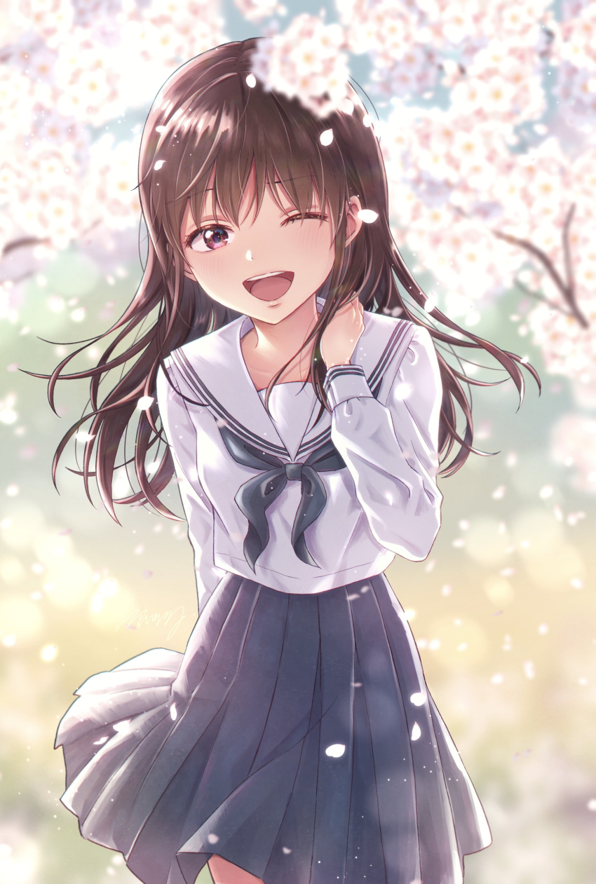 1girl ;d absurdres bangs black_neckwear black_skirt blurry blurry_background blurry_foreground blush brown_hair cherry_blossoms commentary_request day depth_of_field eyebrows_visible_through_hair flower hair_between_eyes hand_up highres isshokuitaru long_hair long_sleeves neckerchief one_eye_closed open_mouth original outdoors petals pleated_skirt sailor_collar school_uniform serafuku shirt signature skirt smile solo tree_branch upper_teeth very_long_hair violet_eyes white_flower white_sailor_collar white_shirt