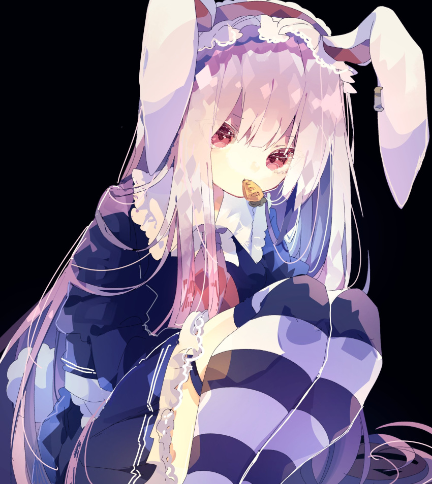 1girl alternate_costume animal_ears black_background black_shirt black_skirt bunny_tail carrot commentary ear_clip feet_out_of_frame frilled_hairband frilled_skirt frills hairband highres knees_up lavender_hair long_hair mouth_hold nikorashi-ka pleated_skirt rabbit_ears red_eyes red_neckwear reisen_udongein_inaba shirt simple_background sitting skirt solo striped striped_legwear tail thigh-highs thigh_strap touhou very_long_hair