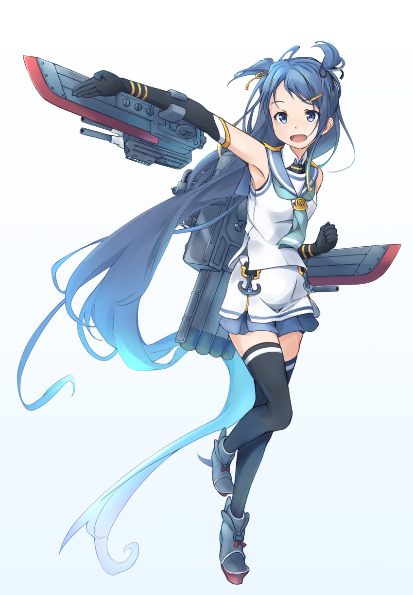 1girl aqua_neckwear bangs bare_shoulders blue_gloves blue_legwear clenched_hand commentary_request elbow_gloves eyebrows_visible_through_hair gloves gradient_hair hair_between_eyes hair_flaps hair_ornament hair_ribbon hairclip highres kantai_collection knee_up long_hair looking_at_viewer minosu multicolored_hair neckerchief open_mouth original_remodel_(kantai_collection) outstretched_arm pose ribbon rigging sailor_collar samidare_(kantai_collection) shirt simple_background skirt sleeveless sleeveless_shirt solo swept_bangs thigh-highs very_long_hair white_background white_serafuku white_skirt zettai_ryouiki