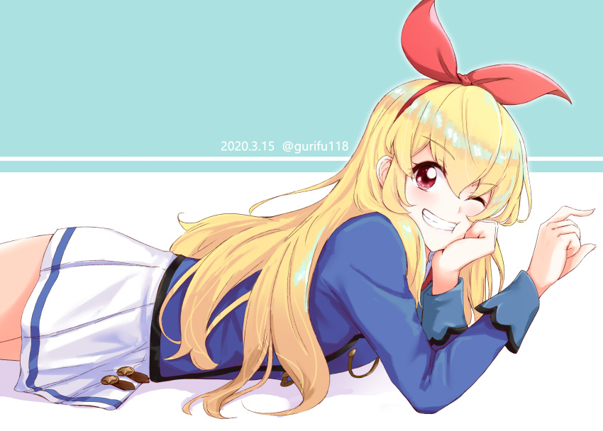 1girl absurdres aikatsu! aikatsu!_(series) arm_support bangs blonde_hair blue_background blue_jacket commentary_request dated eyebrows_visible_through_hair grin gurifu hair_between_eyes hair_ribbon highres hoshimiya_ichigo jacket long_hair long_sleeves lying on_stomach pleated_skirt red_eyes red_ribbon ribbon school_uniform skirt smile solo starlight_academy_uniform twitter_username two-tone_background very_long_hair white_background white_skirt