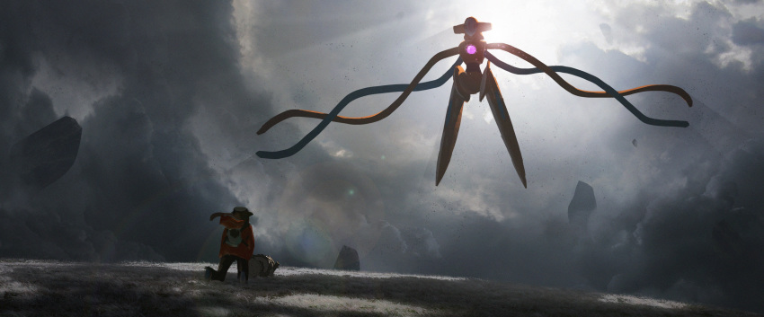 1other absurdres asteroid_ill backlighting clouds cloudy_sky deoxys deoxys_(normal) floating gen_3_pokemon grass hat highres kneeling legendary_pokemon pokemon pokemon_(creature) rock sky zigzagoon