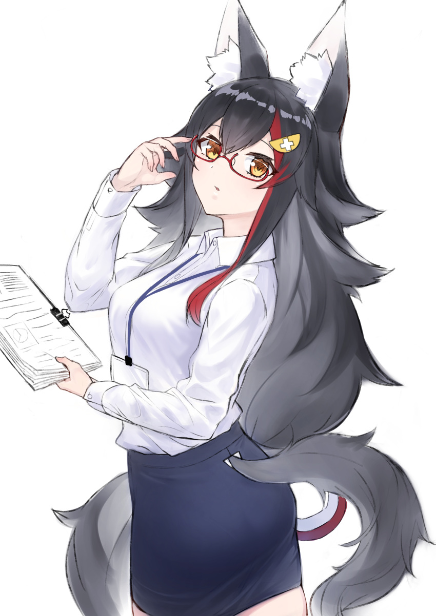 1girl absurdres adjusting_eyewear alternate_costume animal_ear_fluff animal_ears ass black_hair black_skirt breasts collared_shirt cowboy_shot expressionless glasses hair_ornament highres hololive lanyard long_hair long_sleeves looking_at_viewer medium_breasts miniskirt multicolored_hair name_tag office_lady ookami_mio orange_eyes paperclip papers parted_lips redhead shirt simple_background skirt solo tail two-tone_hair virtual_youtuber white_background white_shirt wolf_ears wolf_tail yamabuki7979