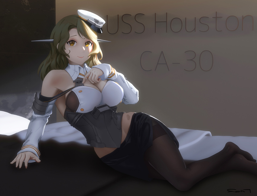 1girl artist_logo bed black_legwear black_skirt breasts brown_eyes character_name detached_sleeves echt full_body hat headgear houston_(kantai_collection) kantai_collection large_breasts light_brown_hair long_hair looking_at_viewer military military_uniform naval_uniform pantyhose peaked_cap pencil_skirt skirt smile solo thighband_pantyhose uniform white_headwear