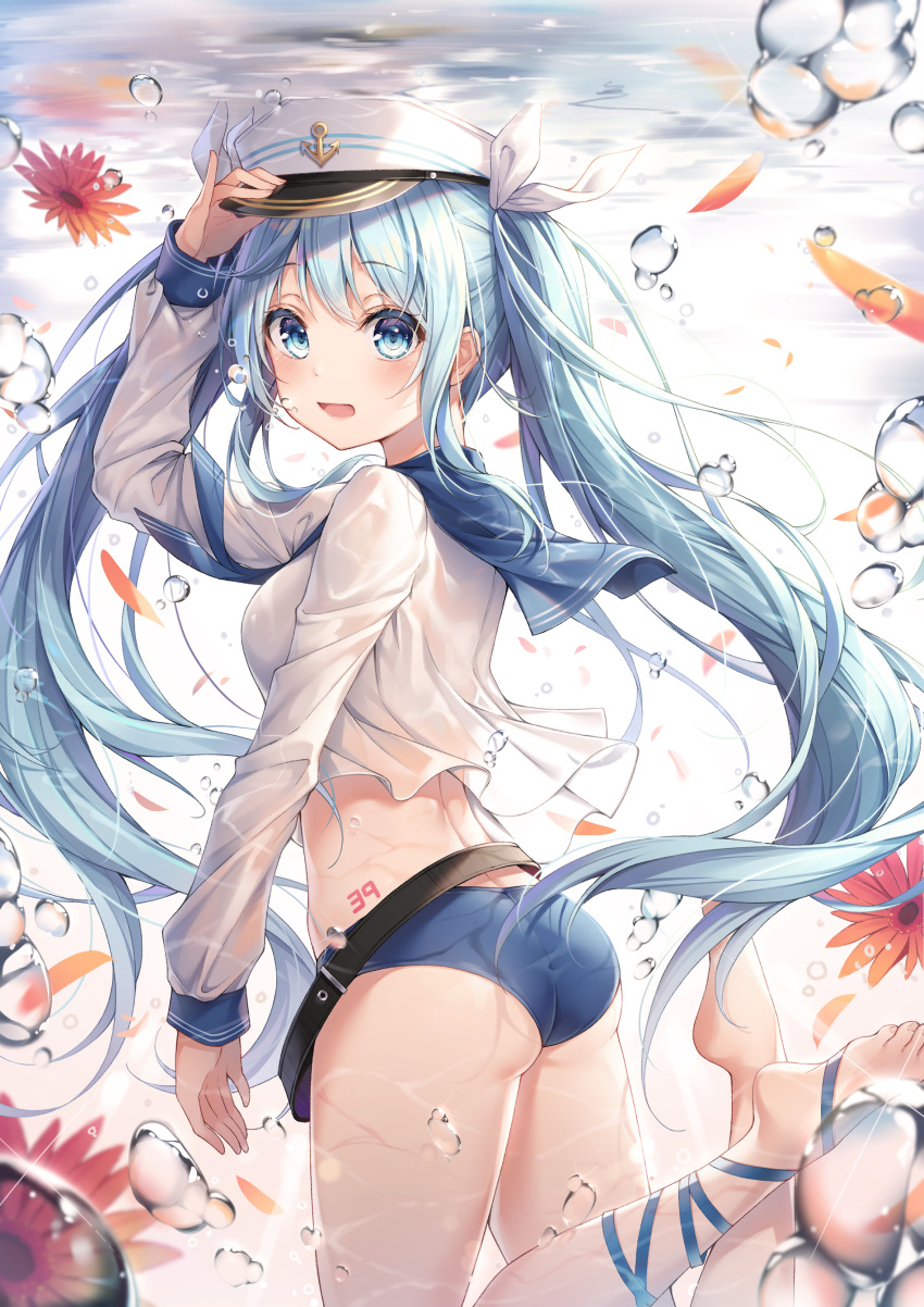 1girl 39 :d absurdres air_bubble arm_up ass barefoot belt bikini bikini_bottom blue_bikini_bottom blue_eyes blue_hair blue_ribbon breasts bubble commentary_request crop_top dangmyo flower freediving hand_on_headwear hat hatsune_miku highres korean_commentary long_hair long_sleeves looking_at_viewer looking_back medium_breasts midriff mixed-language_commentary necktie no_pants open_mouth peaked_cap revision ribbon sailor_collar sailor_shirt shirt sidelocks smile solo swimsuit thighs twintails underwater very_long_hair vocaloid water white_shirt