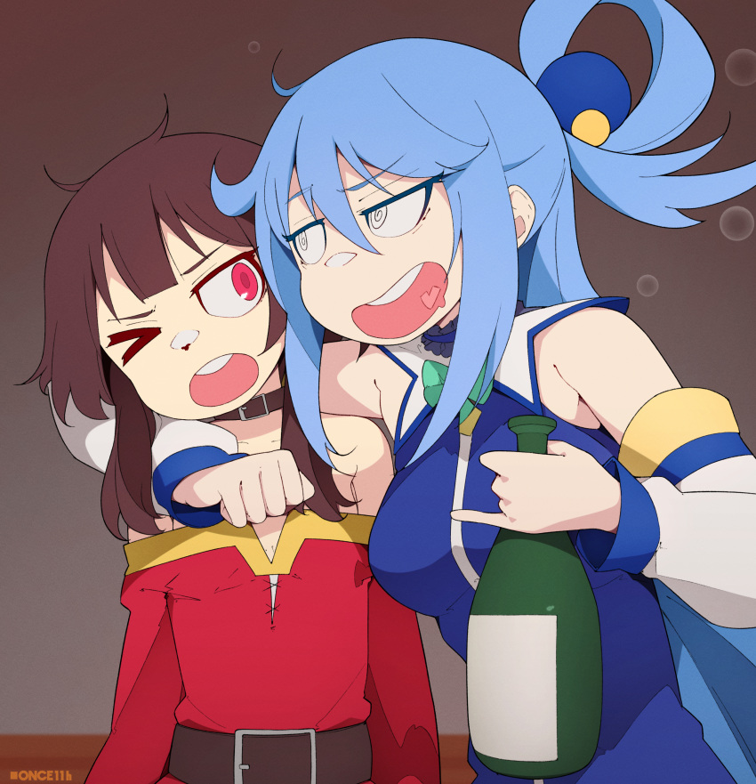 &gt;_o 2girls @_@ absurdres aqua_(konosuba) artist_name bare_shoulders belt blue_hair bottle breasts brown_belt brown_hair choker collarbone eyebrows_visible_through_hair highres holding holding_bottle huge_filesize kono_subarashii_sekai_ni_shukufuku_wo! long_hair looking_at_another medium_breasts megumin multiple_girls once_11h one_eye_closed open_mouth red_eyes upper_teeth