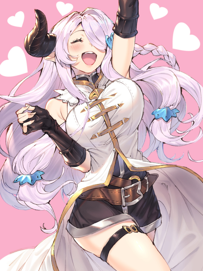 1girl absurdres asymmetrical_gloves black_gloves black_legwear blush braid breasts draph gloves granblue_fantasy hair_ornament hair_over_one_eye highres horns joker_(tomakin524) large_breasts lavender_hair long_hair low_tied_hair narmaya_(granblue_fantasy) open_mouth pointy_ears single_braid sleeveless smile solo thigh_strap