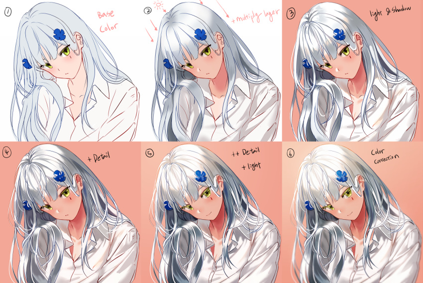 bangs blue_hair blush collage collage_background collarbone girls_frontline green_eyes hk416_(girls_frontline) long_hair looking_at_viewer mole mole_under_eye shirt silence_girl smile speech_bubble translated white_shirt