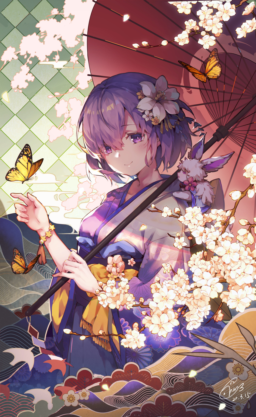 1girl absurdres alternate_costume artist_name artist_request breasts bug butterfly cherry_blossoms commentary_request dated fate/grand_order fate_(series) flower fou_(fate/grand_order) hair_between_eyes hair_flower hair_ornament hair_over_one_eye highres holding holding_umbrella huge_filesize insect japanese_clothes kimono large_breasts long_sleeves looking_at_viewer mash_kyrielight purple_hair purple_kimono short_hair signature smile solo umbrella violet_eyes white_flower