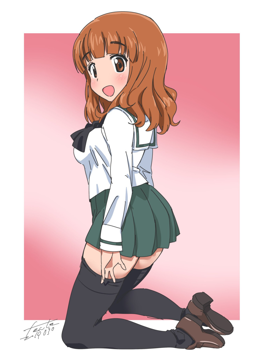 1girl :d artist_name bangs black_legwear black_neckwear blouse blunt_bangs brown_footwear commentary dated eyebrows_visible_through_hair fanta_(the_banana_pistols) from_side girls_und_panzer green_skirt highres kneeling loafers long_hair long_sleeves looking_at_viewer looking_back miniskirt neckerchief ooarai_school_uniform open_mouth orange_eyes orange_hair pleated_skirt school_uniform serafuku shoes signature skirt smile solo takebe_saori thigh-highs white_blouse