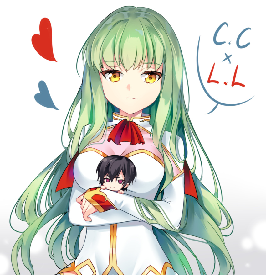 1boy 1girl absurdres bangs blush breasts c.c. chibi closed_mouth code_geass commentary expressionless eyebrows_visible_through_hair gloves green_hair heart highres hug large_breasts lelouch_lamperouge long_hair long_sleeves looking_at_viewer simple_background smile solo thigh-highs upper_body white_background white_gloves yaya_chan yellow_eyes