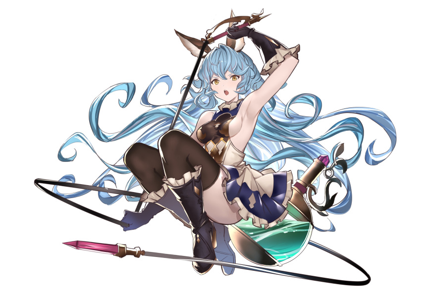 1girl absurdres animal_ears arm_up armpits backless_dress backless_outfit bangs black_footwear black_gloves black_legwear blue_hair blue_skirt boots breasts dress elbow_gloves erune ferry_(granblue_fantasy) flask frilled_gloves frills gloves granblue_fantasy hair_between_eyes highres holding_whip jikatarou knee_boots long_hair looking_at_viewer medium_breasts open_mouth rabbit_ears round-bottom_flask sideboob simple_background skirt solo thigh-highs thighhighs_under_boots very_long_hair wavy_hair whip white_background yellow_eyes