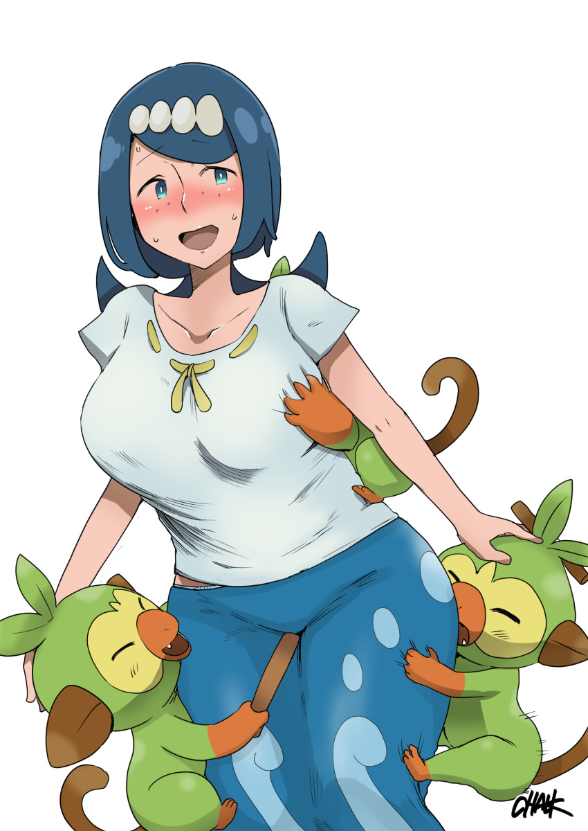 1girl absurdres blue_eyes blue_hair blush breasts chouku_tetsushitsuiwa dress freckles grookey highres large_breasts long_hair open_mouth pokemon pokemon_(anime) pokemon_(game) pokemon_sm_(anime) pokemon_usum simple_background smile suiren's_mother_(pokemon) sweat white_background