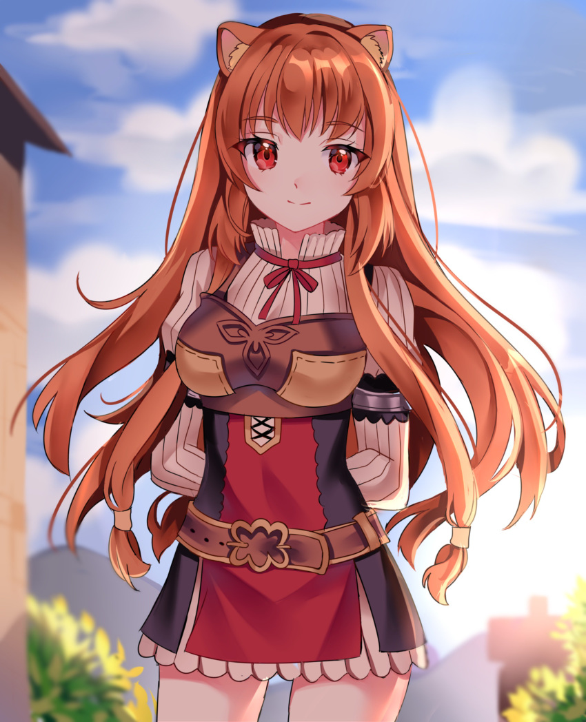 1girl absurdres animal_ear_fluff animal_ears bangs boots breasts brown_hair closed_mouth clouds cloudy_sky commentary day eyebrows_visible_through_hair highres long_hair long_sleeves looking_at_viewer raccoon_ears raccoon_girl raphtalia red_eyes sky smile solo standing sunlight tate_no_yuusha_no_nariagari yaya_chan