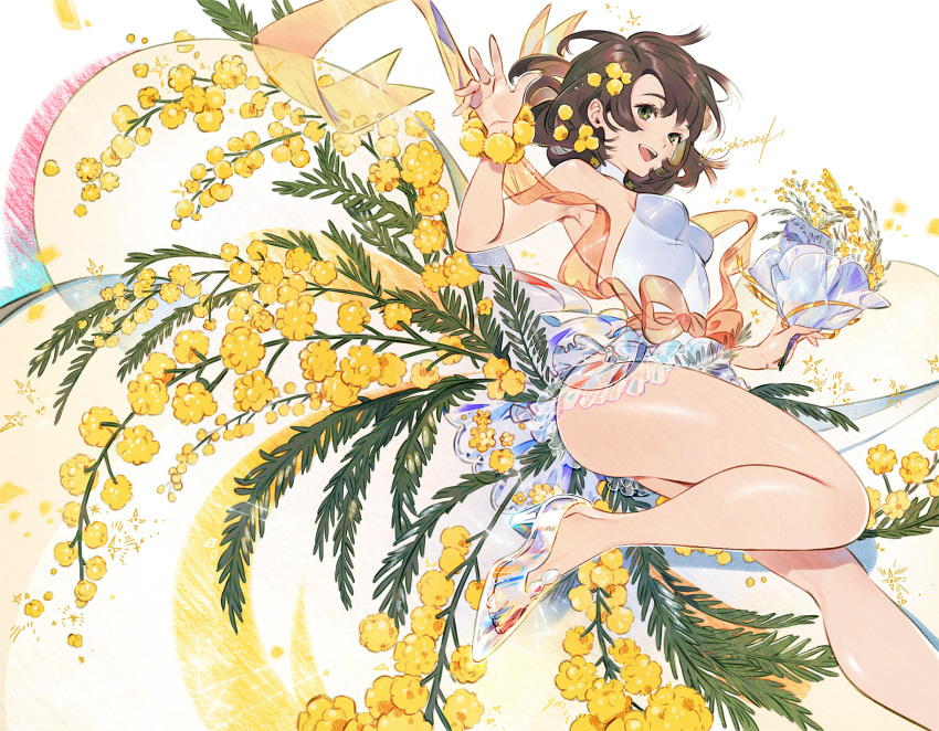 1girl bangs bare_legs bouquet breasts brown_eyes brown_hair flower foot_out_of_frame glass_slipper hand_up highres holding holding_bouquet leg_up legs leotard looking_at_viewer open_mouth original plant small_breasts smile solo thighs transparent_footwear umishima_senbon white_leotard yellow_flower