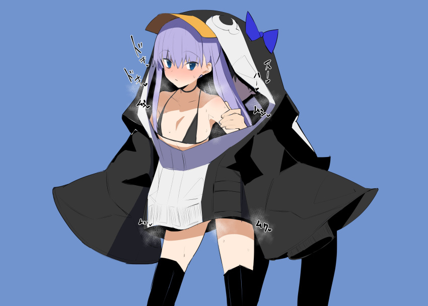 1boy 1girl absurdres animal_hood bangs bare_shoulders bikini bikini_under_clothes black_bikini black_jacket blue_background blue_bow blue_eyes blush bow breasts choker closed_mouth collarbone fate/grand_order fate_(series) greaves highres hood hood_up jacket jikatarou long_hair long_sleeves meltryllis meltryllis_(swimsuit_lancer)_(fate) penguin_hood prosthesis prosthetic_leg purple_hair simple_background sleeves_past_fingers sleeves_past_wrists small_breasts swimsuit thighs wide_sleeves