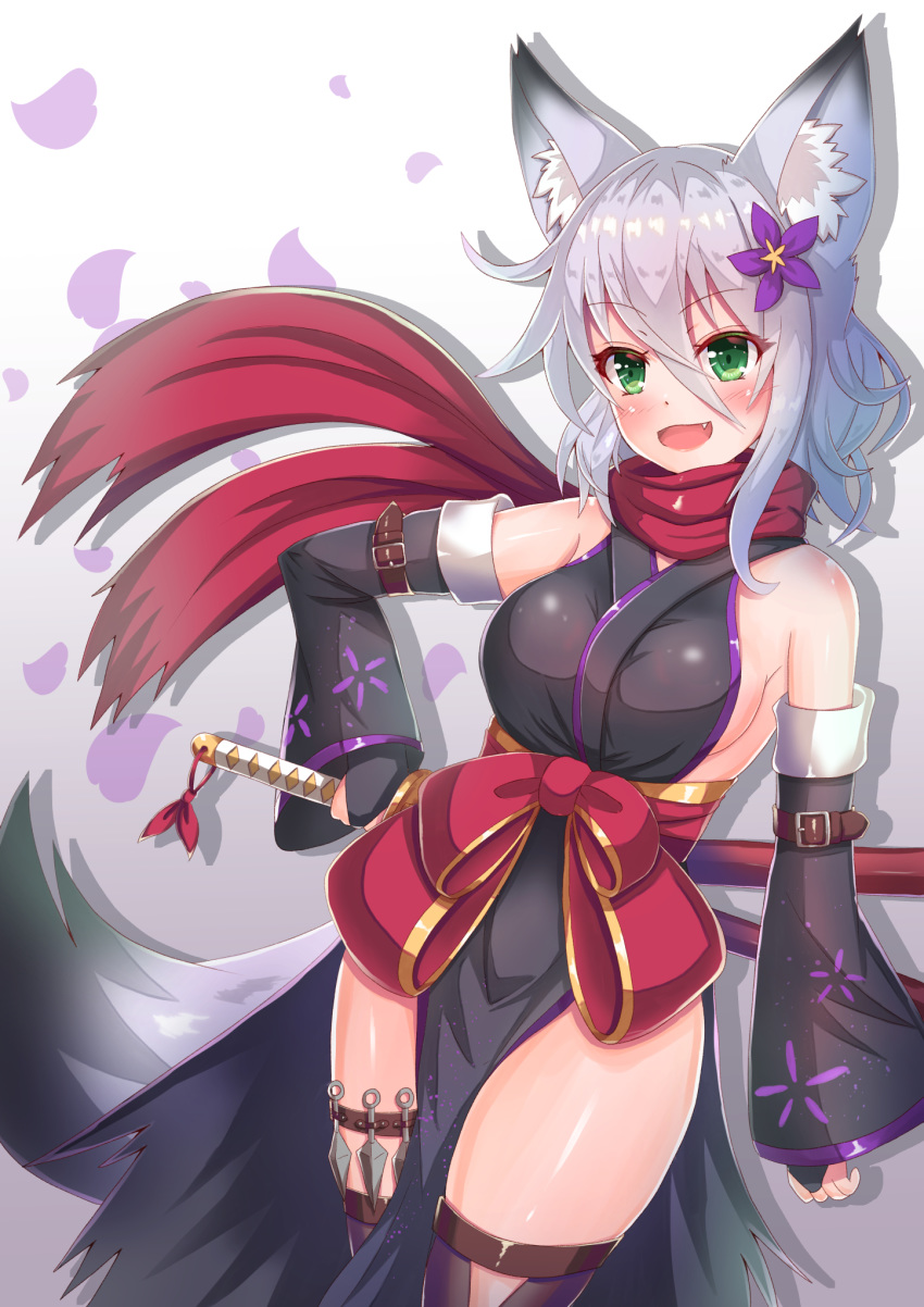 1girl :d animal_ear_fluff animal_ears bare_shoulders breasts cocoasabure commentary_request cowboy_shot detached_sleeves fang flower green_eyes hair_between_eyes hair_flower hair_ornament highres holding holding_sword holding_weapon japanese_clothes katana long_sleeves looking_at_viewer medium_breasts obi open_mouth original pelvic_curtain sash scarf sheath sheathed short_hair silver_hair smile solo sword tail thigh-highs thighs weapon wolf_ears wolf_girl wolf_tail