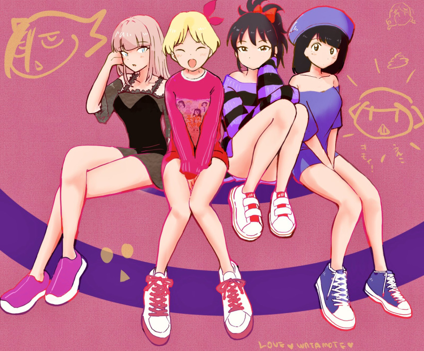 4girls blonde_hair casual closed_eyes hat highres kajino_(aosansai) katou_asuka kusunoki_kaho long_hair multiple_girls narita_miho off-shoulder_shirt off_shoulder ponytail ribbon sasaki_fuuka shirt shoes short_hair sitting smile sneakers watashi_ga_motenai_no_wa_dou_kangaetemo_omaera_ga_warui!