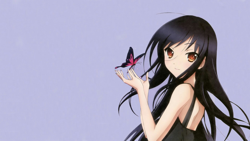 1girl accel_world alek1212 back black_dress black_hair blue_background brown_eyes bug butterfly closed_mouth dress from_side hands_up highres insect kuroyukihime long_hair looking_at_viewer open_hands pink_butterfly skinny smile solo