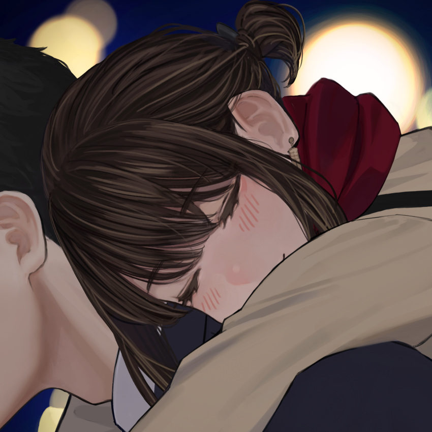 1boy 1girl bangs black_hair blazer brown_hair carrying close-up closed_eyes commentary earrings from_side highres jacket jewelry long_sleeves office_lady_(yomu_(sgt_epper)) original piggyback red_scarf scarf sidelocks smile solo_focus tied_hair yomu_(sgt_epper)