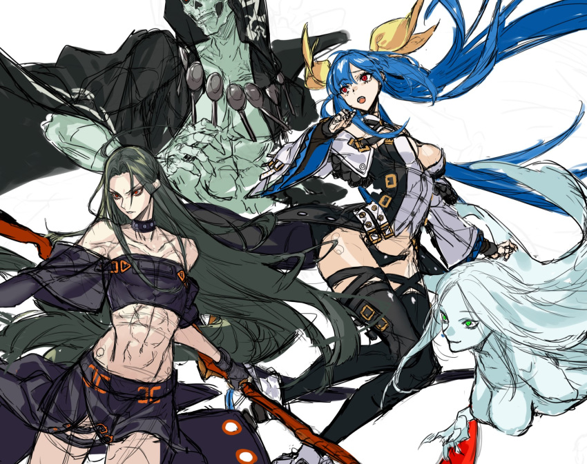 abs asymmetrical_wings belt black_hair black_legwear blue_hair boots breasts dizzy_(guilty_gear) guilty_gear guilty_gear_x guilty_gear_xrd guilty_gear_xx hachizowo hair_ribbon highres long_hair midriff navel necro_(guilty_gear) panties ribbon scythe skeleton testament_(guilty_gear) thigh-highs thighs twintails underwear undine_(guilty_gear) wings