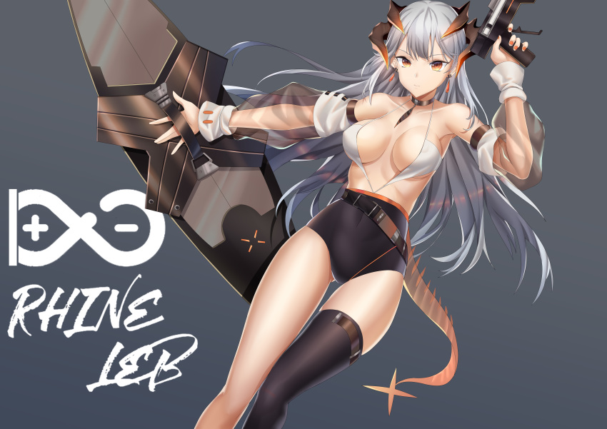 1girl absurdres arknights ass_visible_through_thighs bangs bare_shoulders black_choker black_legwear breasts brown_eyes chinese_commentary choker collarbone commentary_request covered_navel detached_sleeves earrings feet_out_of_frame grey_background gun hand_up highres holding holding_gun holding_weapon horns jewelry large_breasts long_hair looking_at_viewer nail_polish one-piece_swimsuit orange_nails rhine_lab_logo saria_(arknights) see-through_sleeves shield silver_hair simple_background single_thighhigh solo swimsuit tail thigh-highs thighs weapon xo_(xo17800108)