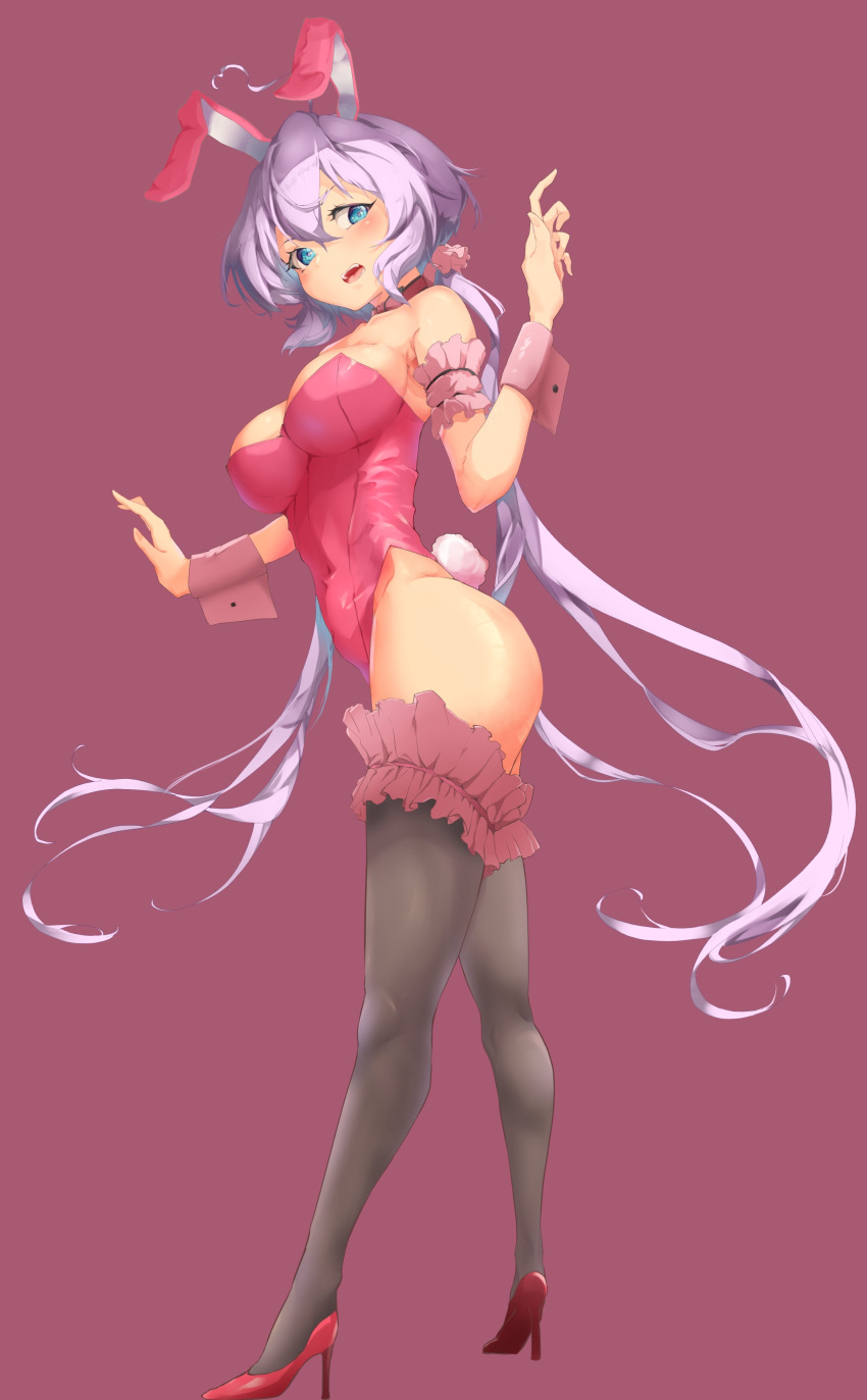 1girl absurdres ahoge akisuko animal_ears breasts bunny_girl bunny_tail bunnysuit detached_collar fake_animal_ears highres large_breasts lavender_hair leotard long_hair looking_at_viewer low_twintails pink_leotard rabbit_ears scrunchie senki_zesshou_symphogear shiny shiny_hair shiny_skin simple_background solo strapless strapless_leotard tail twintails violet_eyes wrist_cuffs yukine_chris