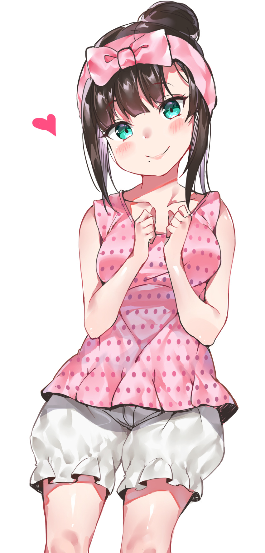 1girl absurdres aqua_eyes black_hair blush bow eyebrows_visible_through_hair hand_up happy head_tilt heart highres kurosawa_dia looking_at_viewer love_live! love_live!_school_idol_project love_live!_sunshine!! mole mole_under_mouth pink_bow pink_shirt polka_dot polka_dot_shirt shirt shorts smile solo tagme tem10 tied_hair white_background white_shorts