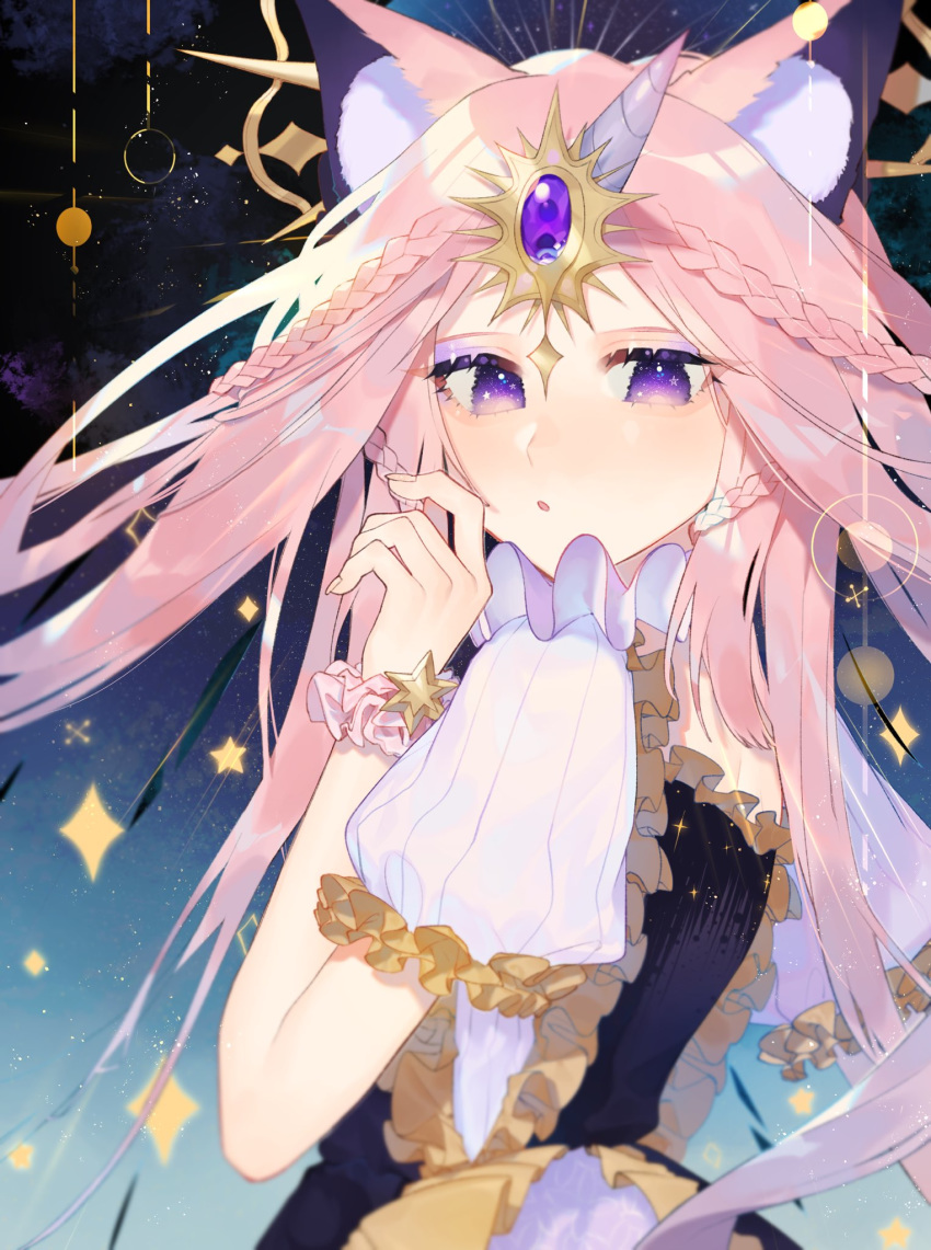 1girl animal_ears braid frilled_blouse hair_ornament hand_on_own_face highres horn long_hair looking_away open_mouth original pink_hair puffy_short_sleeves puffy_sleeves short_sleeves solo sparkle violet_eyes wrist_cuffs zumi_(neronero126)
