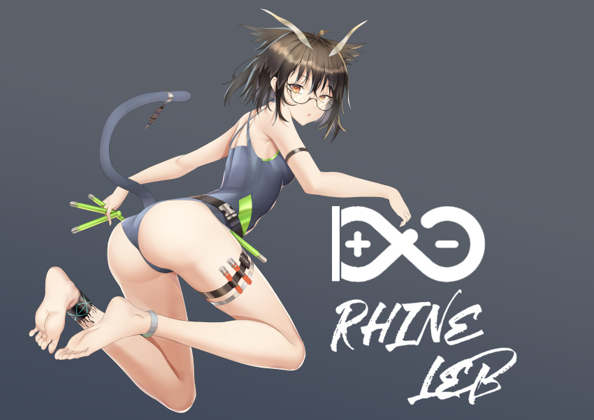 1girl absurdres ankle_strap antenna_hair arknights arm_strap ass bangs bare_arms bare_legs bare_shoulders barefoot black_hair brown_eyes chinese_commentary commentary_request full_body glasses grey_background grey_swimsuit hair_between_eyes highres holding holster looking_at_viewer one-piece_swimsuit parted_lips pointy_hair short_hair silence_(arknights) simple_background solo swimsuit tail thigh_holster thighs xo_(xo17800108)