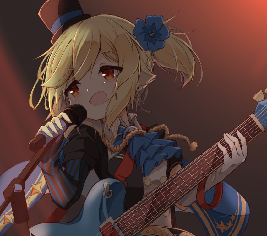 1girl ascot asymmetrical_gloves bangs black_gloves black_headwear black_shirt blonde_hair blue_flower blue_neckwear blush braid collared_shirt commentary_request elbow_gloves electric_guitar eyebrows_visible_through_hair fingerless_gloves flower girls_frontline gloves guitar hair_flower hair_ornament hat highres holding holding_instrument holding_microphone instrument matsuo_(matuonoie) microphone mini_hat mini_top_hat mismatched_gloves nagant_revolver_(girls_frontline) open_mouth puffy_short_sleeves puffy_sleeves red_eyes shirt short_sleeves side_ponytail solo striped swept_bangs tilted_headwear top_hat upper_body vertical-striped_gloves vertical_stripes white_gloves