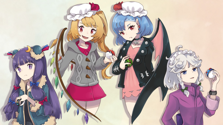 4girls ahoge arm_up asymmetrical_bangs bangs bat_wings beet_(pokemon) beet_(pokemon)_(cosplay) black_jacket black_shirt blonde_hair blue_coat blue_eyes blue_hair blunt_bangs bracelet braid choker coat commentary_request cosplay cosplay_request crescent crescent_hair_ornament cropped_legs double_bun dress dusk_ball earrings expressionless fang fang_out flandre_scarlet frown great_ball grey_sweater hair_ornament hat hat_ribbon head_tilt highres holding holding_poke_ball hop_(pokemon) hop_(pokemon)_(cosplay) izayoi_sakuya jacket jewelry karua_m long_hair long_sleeves looking_at_viewer looking_to_the_side maid_headdress mary_(pokemon) mary_(pokemon)_(cosplay) mob_cap moon_ball multiple_girls one_side_up open_clothes open_jacket open_mouth pantyhose patchouli_knowledge pendant pink_dress pointy_ears poke_ball pokemon pokemon_(game) pokemon_swsh purple_hair purple_jacket red_eyes remilia_scarlet ribbon shirt short_hair silver_hair skin_fang standing sweater touhou track_jacket twin_braids upper_body very_long_hair violet_eyes white_headwear white_legwear wings yuuri_(pokemon) yuuri_(pokemon)_(cosplay)