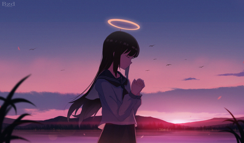 1girl absurdres artist_name backlighting black_hair black_sailor_collar black_skirt chinese_commentary city_lights closed_mouth clouds commentary_request cowboy_shot gradient_sky halo hands_clasped highres huge_filesize lake lens_flare mountainous_horizon original own_hands_together sailor_collar school_uniform serafuku shirokun0824 shirt sidelocks skirt sky smile solo sunlight twilight water white_shirt